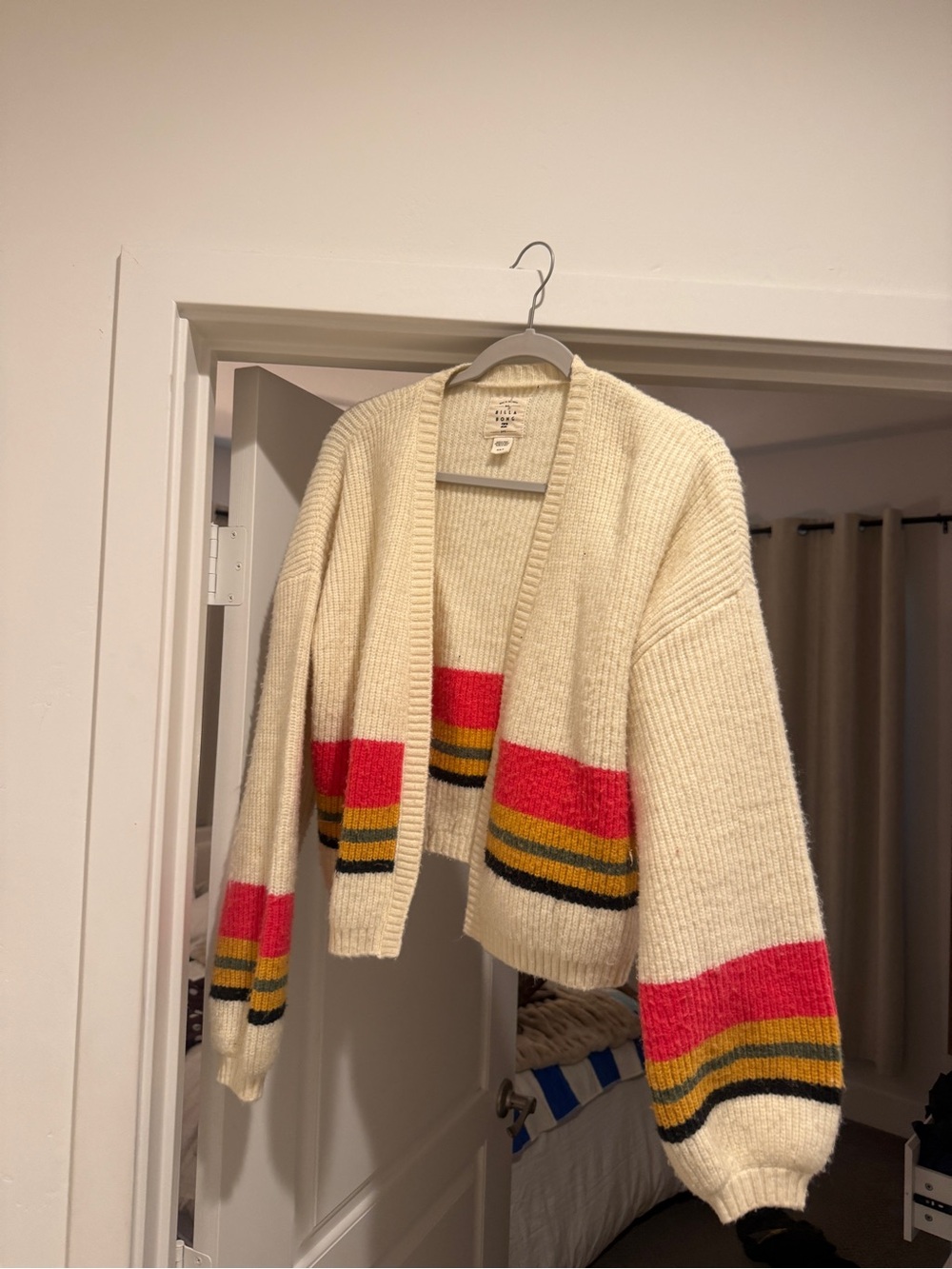 Billabong Cozy Cream Open-Front Cardigan with Pink & Mustard Stripe